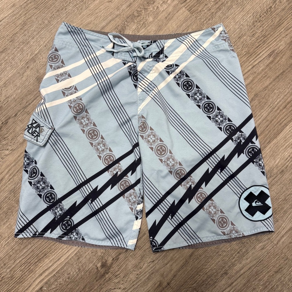 Quiksilver Mens Board Shorts Y2K Surf Blue Graphic Print Swim Trunks Size 35